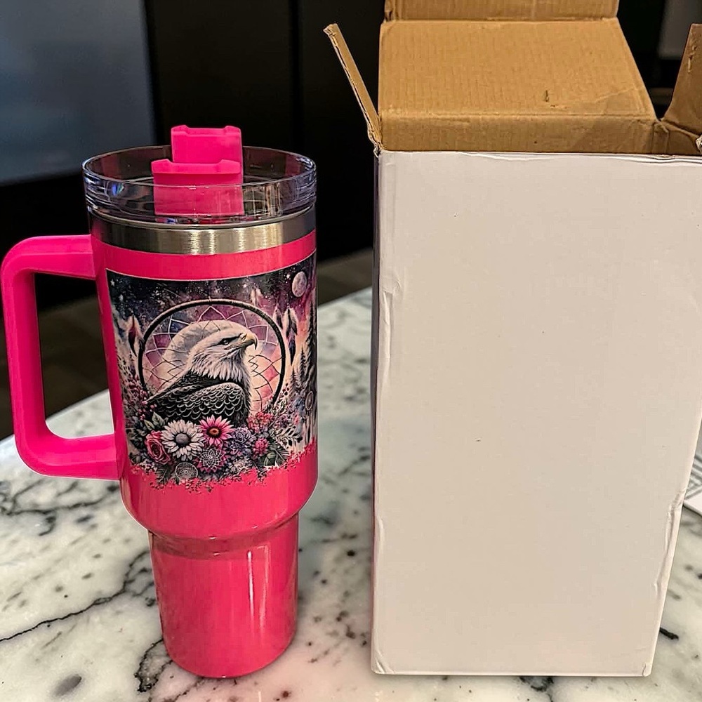 Dreamcatcher Eagle Pink Travel Mug Eagle Design New in Box with Straw - OS